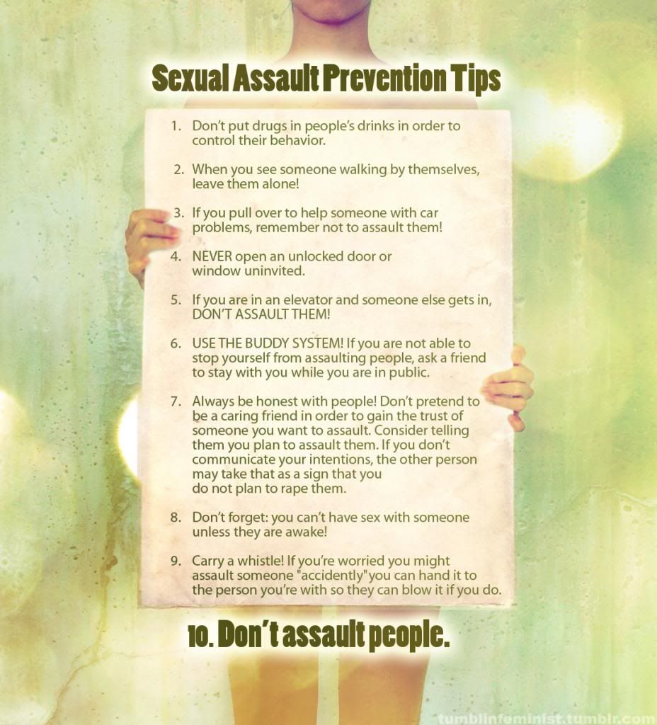 A poster with sexual assault prevention tips for men, like "Don't put drugs in other people's drinks to control their behavior."