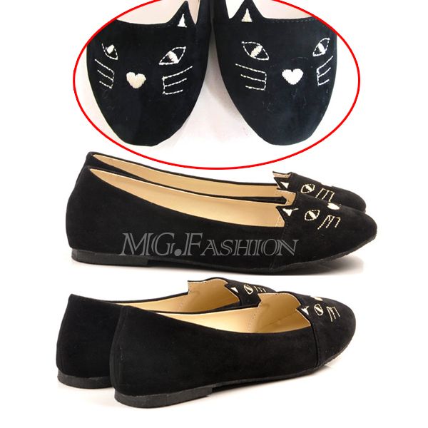 Women Lady Cat Face Ballet Flat Soft Suede Slipon Pumps Loafer Low