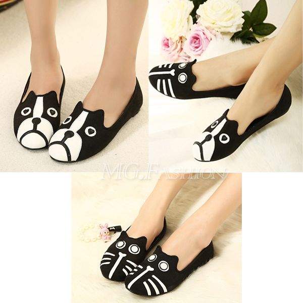 Women Lady Cat Face Ballet Flat Soft Suede Slipon Pumps Loafer Low