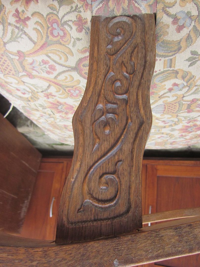 Antique Arts Crafts c1905 Carved Low Oak Armchair William Morris Fabric